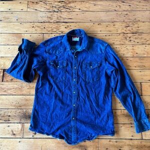 Wrangler Mens Large Denim Chambray Pearl Snap Shirt Work Wear Blue Western Ranch